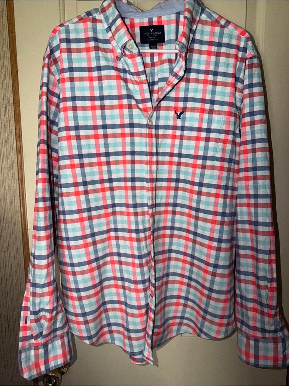 American Eagle Men's Plaid Button-Down Shirt - Coral & Blue